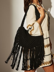 South Beach Black Fringe Detail 100% Cotton Shoulder Bag - Image 1 of 4