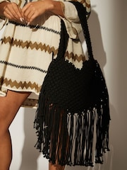 South Beach Black Fringe Detail 100% Cotton Shoulder Bag - Image 4 of 4