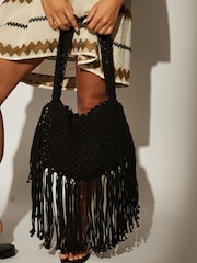 Negro - South Beach Fringe Detail 100% Cotton Shoulder Bag - Imagen 5 de 5