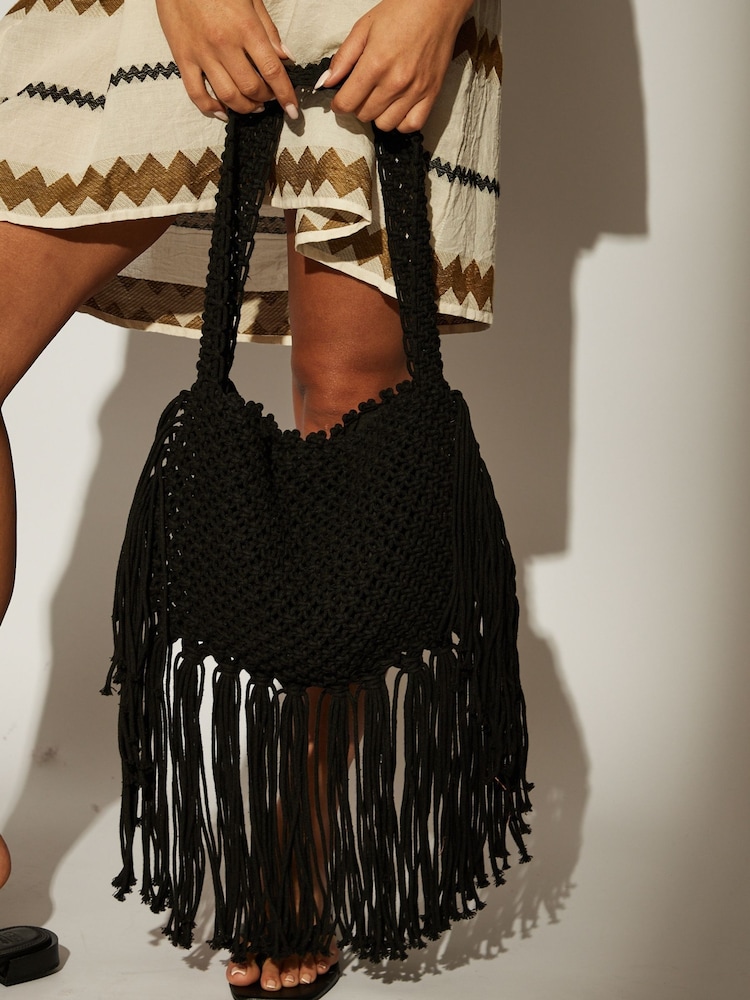 Negro - South Beach Fringe Detail 100% Cotton Shoulder Bag - Imagen 5 de 5 Negro - South Beach Fringe Detail 100% Cotton Shoulder Bag - Imagen 5 de 5