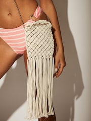 South Beach White Fringe Detail Cross-Body 100% Cotton Chain Bag - Image 4 of 4