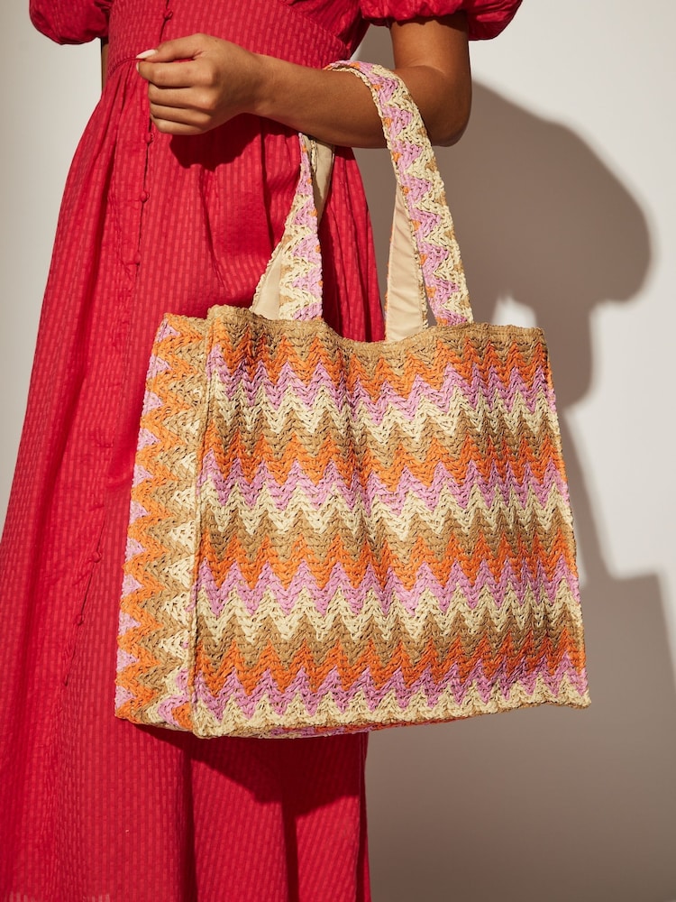South Beach Red/Orange Straw Woven Shoulder Tote Bag - Image 1 of 4