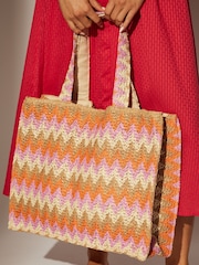 South Beach Red/Orange Straw Woven Shoulder Tote Bag - Image 2 of 4