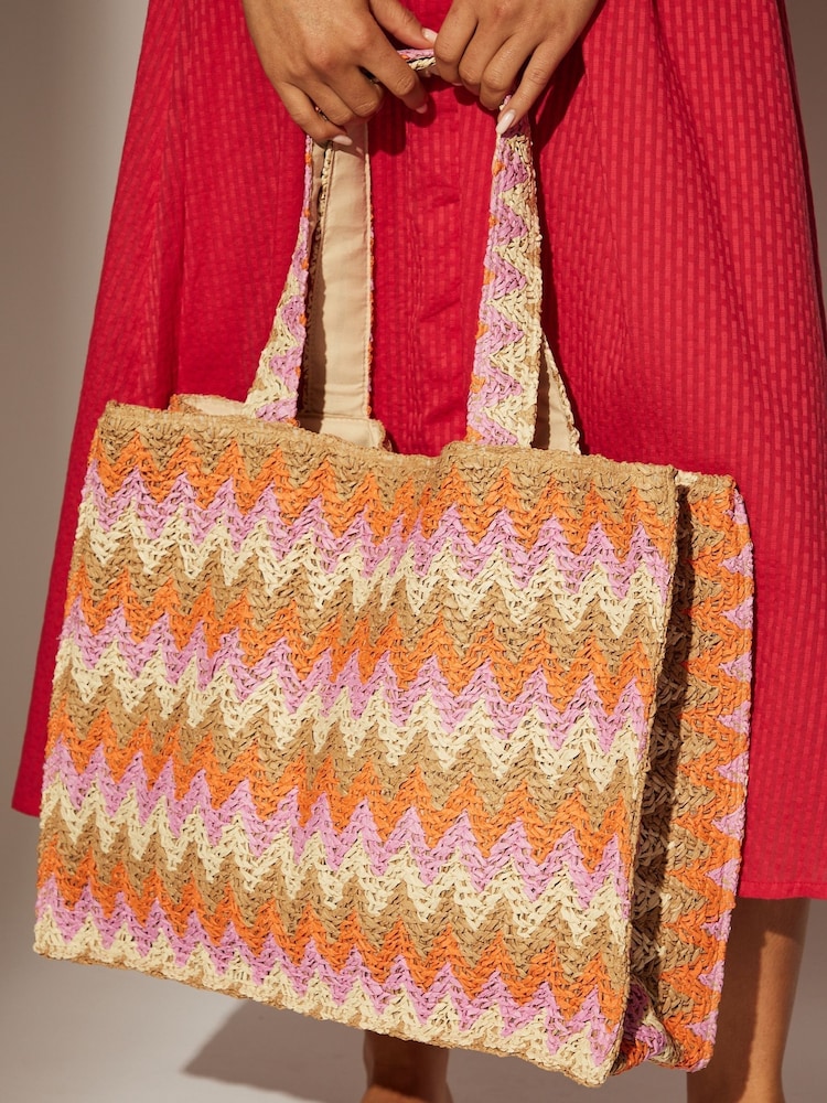 South Beach Red/Orange Straw Woven Shoulder Tote Bag - Image 2 of 4