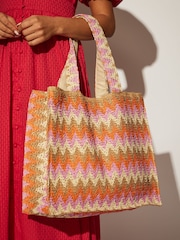 South Beach Red/Orange Straw Woven Shoulder Tote Bag - Image 3 of 4