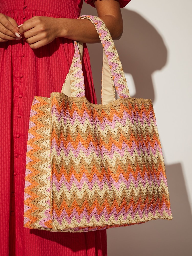 South Beach Red/Orange Straw Woven Shoulder Tote Bag - Image 3 of 4