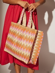 South Beach Red/Orange Straw Woven Shoulder Tote Bag - Image 4 of 4