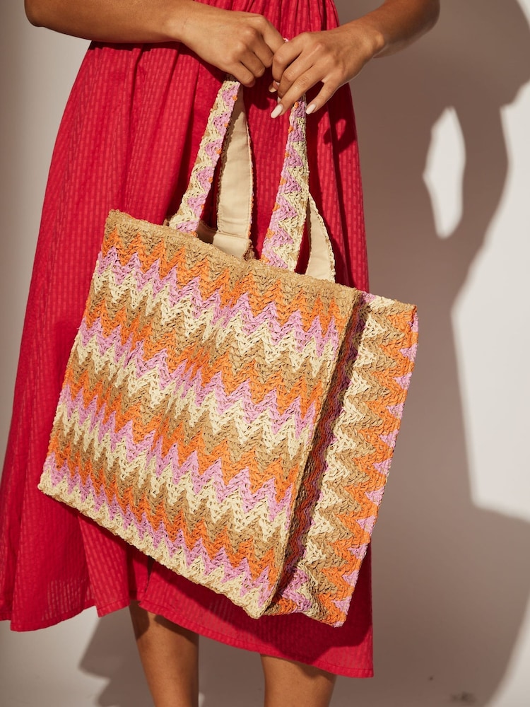 South Beach Red/Orange Straw Woven Shoulder Tote Bag - Image 4 of 4
