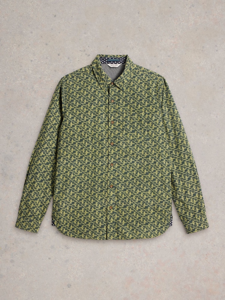 White Stuff Green Koi Fish Printed 100% Cotton Shirt - Image 6 of 6