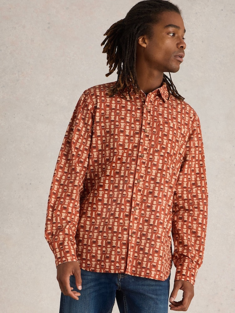 White Stuff Orange Espresso Printed 100% Cotton Shirt - Image 1 of 6
