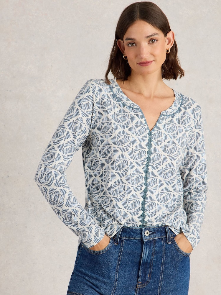 White Stuff Blue Nelly Embroidered Long Sleeve T-Shirt - Image 1 of 6