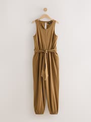 Khaki Green Sleeveless Jersey Tie Waist Jumpsuit - Image 1 of 3