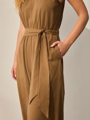 Khaki Green Sleeveless Jersey Tie Waist Jumpsuit - Image 4 of 7