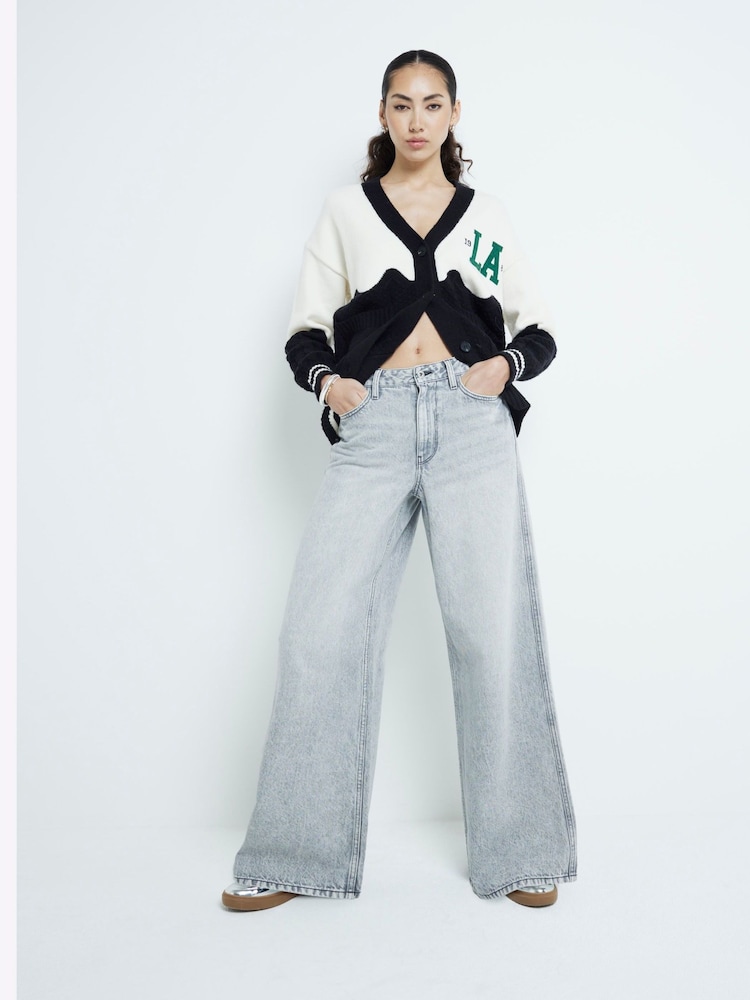 River Island Grey 100% Cotton Super Wide Jeans - Image 1 of 5