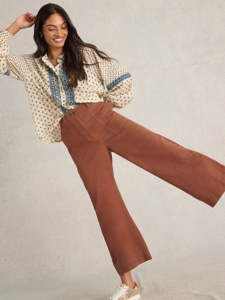 White Stuff Brown Romy Wide Leg Cropped Trousers - Image 4 of 6