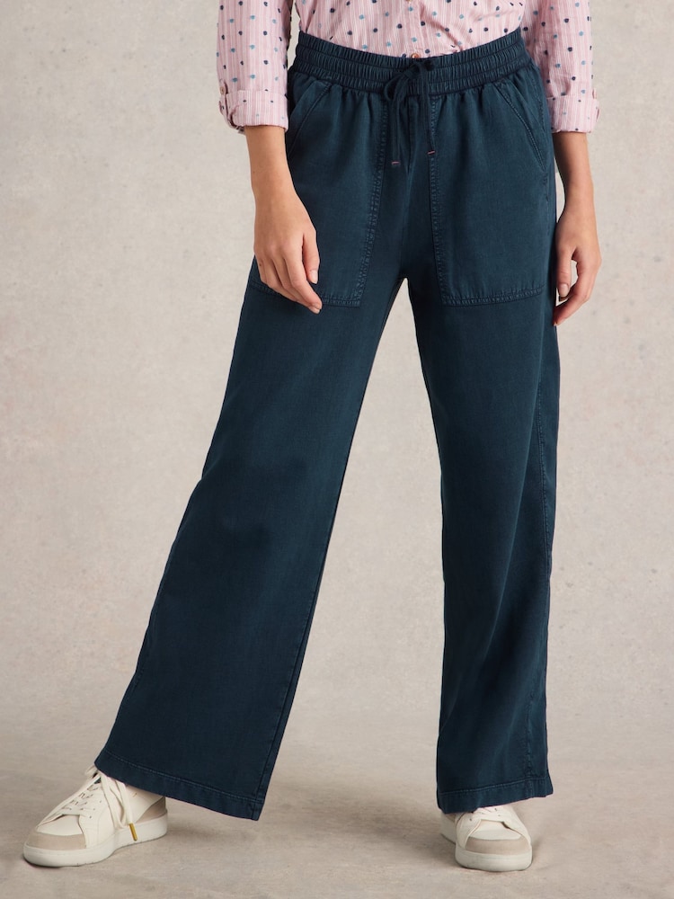 White Stuff Blue Ava Wide Leg Jersey 100% Cotton Joggers - Image 1 of 6
