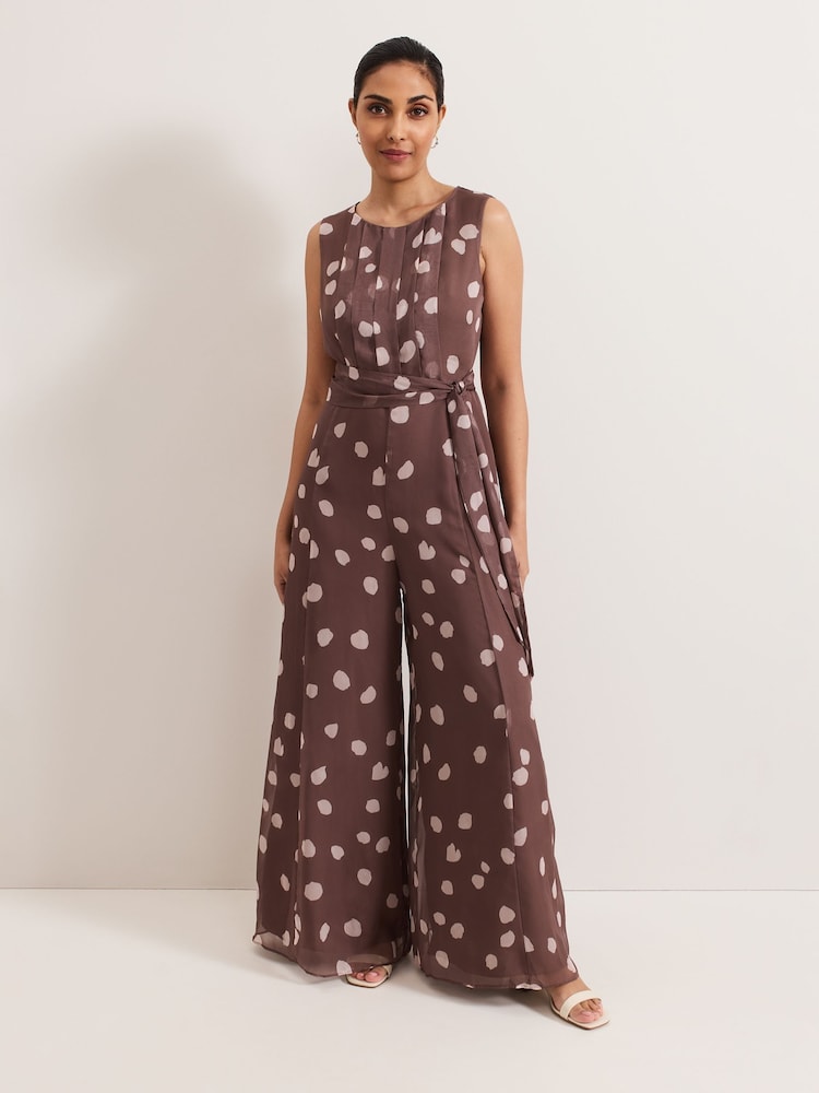 Phase Eight Brown Petite Maxine Spot Chiffon Jumpsuit - Image 1 of 6