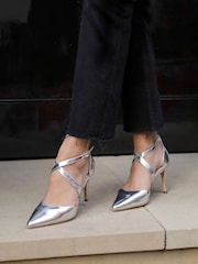 Linzi Silver Runway Faux Leather Stiletto Court Heels With Crossover Front Strap - Image 1 of 6