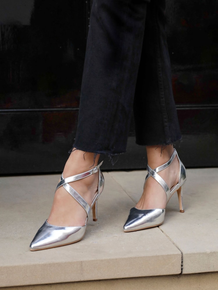 Linzi Silver Runway Faux Leather Stiletto Court Heels With Crossover Front Strap - Image 1 of 6
