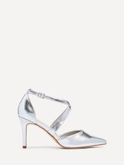 Linzi Silver Runway Faux Leather Stiletto Court Heels With Crossover Front Strap - Image 3 of 6
