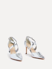 Linzi Silver Runway Faux Leather Stiletto Court Heels With Crossover Front Strap - Image 4 of 6