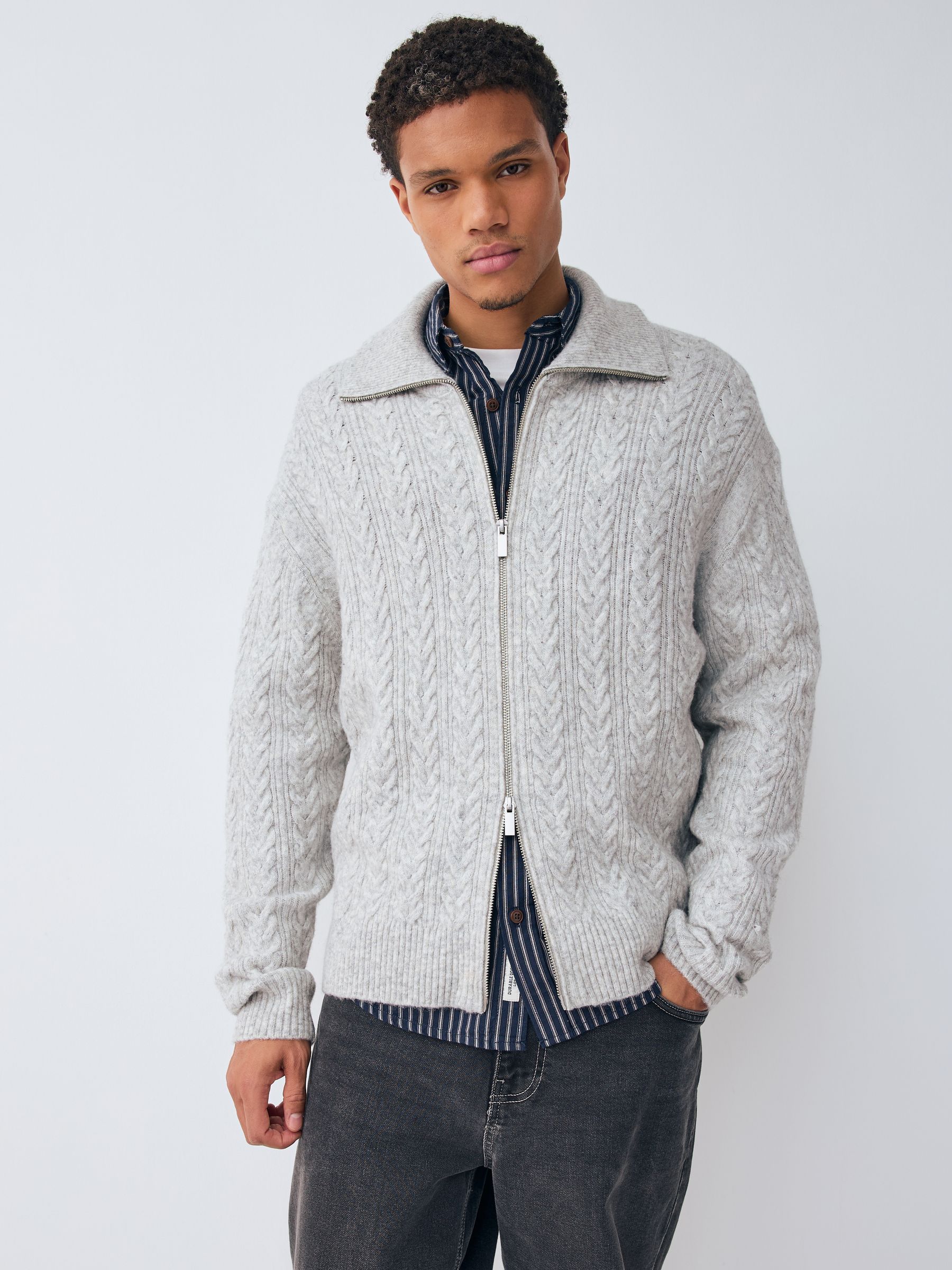 Buy Grey Relaxed Fit Cosy Double Zip Through Collared Cardigan