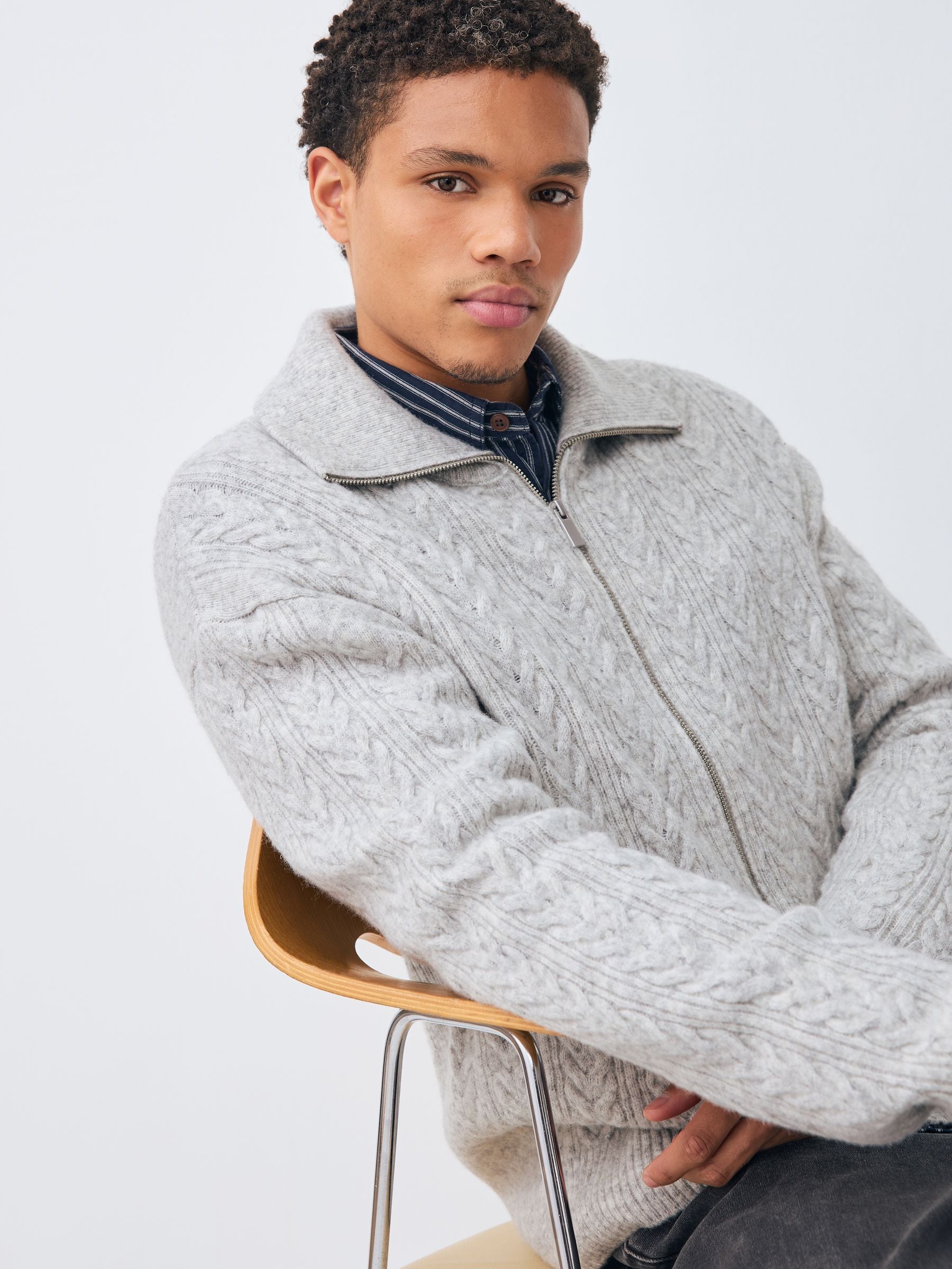 Buy Grey Relaxed Fit Cosy Double Zip Through Collared Cardigan