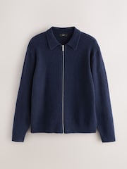 Navy Blue Plain Relaxed Fit Cosy Zip Through Collared Cardigan with Wool - Image 5 of 7