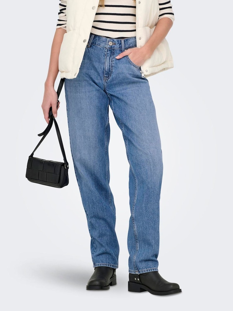 ONLY Blue Mom Fit Mid Waist Straight Leg Jeans - Image 2 of 6
