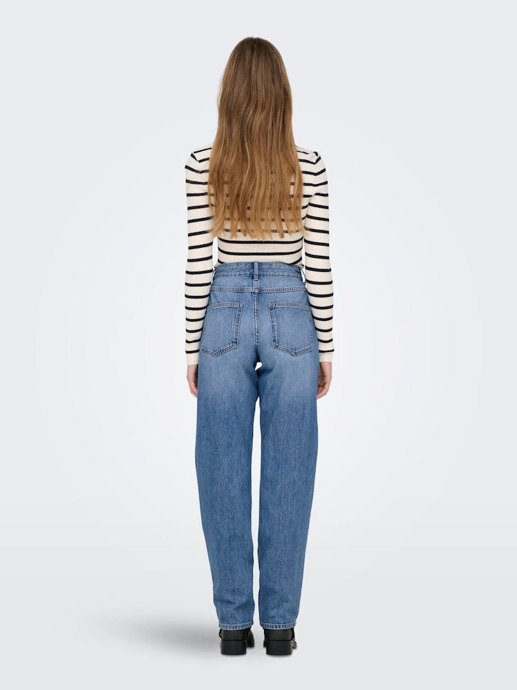 ONLY Blue Mom Fit Mid Waist Straight Leg Jeans - Image 3 of 6