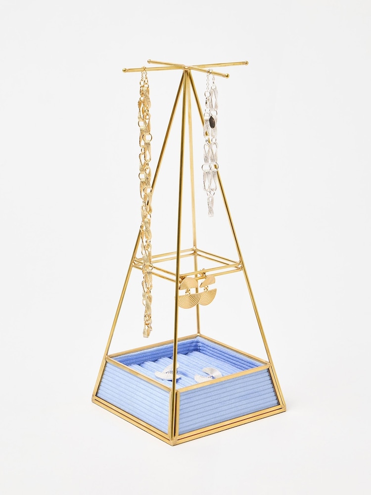 Oliver Bonas Blue Glass and Gold Velvet Pyramid Jewellery Stand - Image 1 of 5