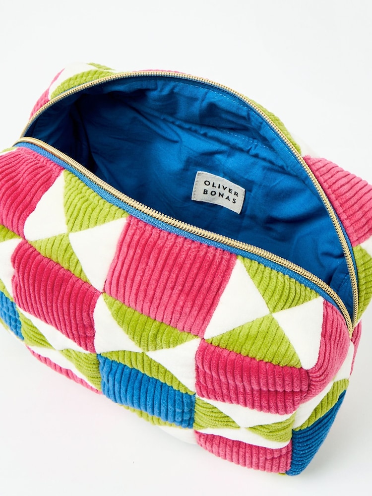 Oliver Bonas Pink Patchwork Corduroy Wash Bag - Image 2 of 5 Oliver Bonas Pink Patchwork Corduroy Wash Bag - Image 2 of 5