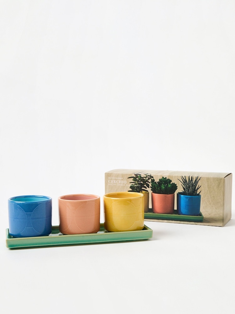 Oliver Bonas Set of 3 Green Cerchio Ceramic Plant Pots - Image 1 of 5