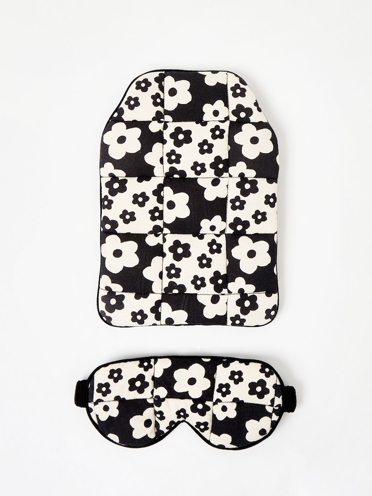 Oliver Bonas Multi Monochrome Floral Print Hot Water Bottle and Eye Mask Set - Image 2 of 4