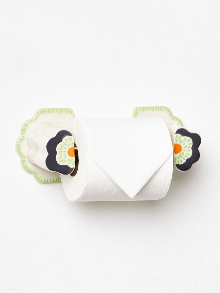 Oliver Bonas Cream Flower Ceramic Toilet Roll Holder - Image 2 of 3