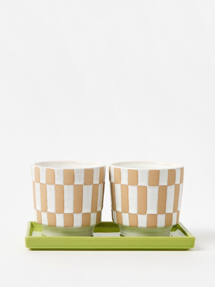 Oliver Bonas Set of 2 White Noi Checkerboard Plant Pots - Image 1 of 5