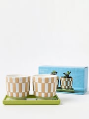 Oliver Bonas Set of 2 White Noi Checkerboard Plant Pots - Image 2 of 5