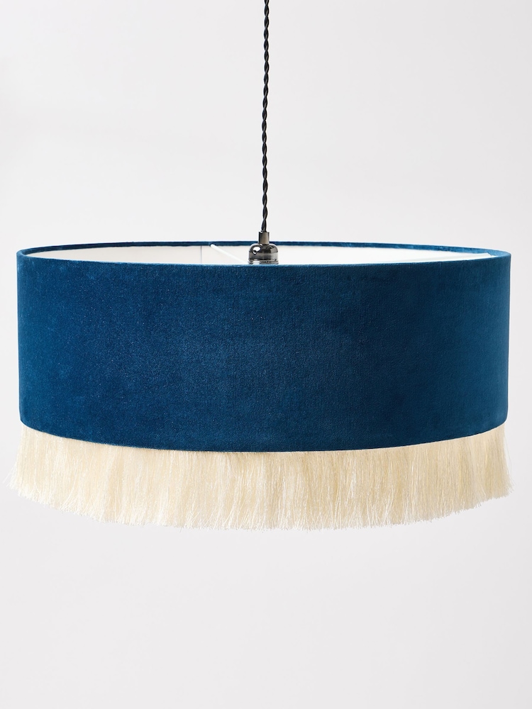 Oliver Bonas Dark Blue Ero Velvet and Tassel Drum Pendant Lamp Shade - Image 1 of 3