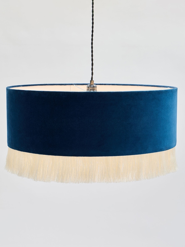 Oliver Bonas Dark Blue Ero Velvet and Tassel Drum Pendant Lamp Shade - Image 2 of 3