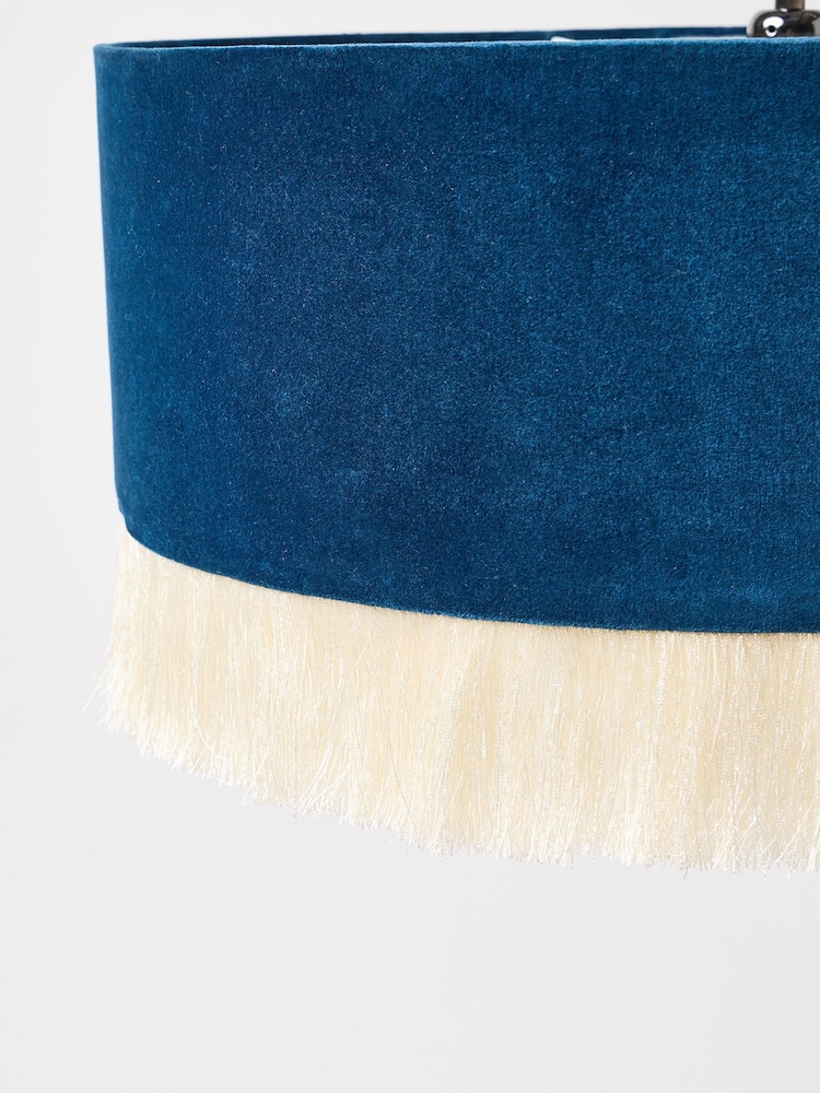 Oliver Bonas Dark Blue Ero Velvet and Tassel Drum Pendant Lamp Shade - Image 3 of 3