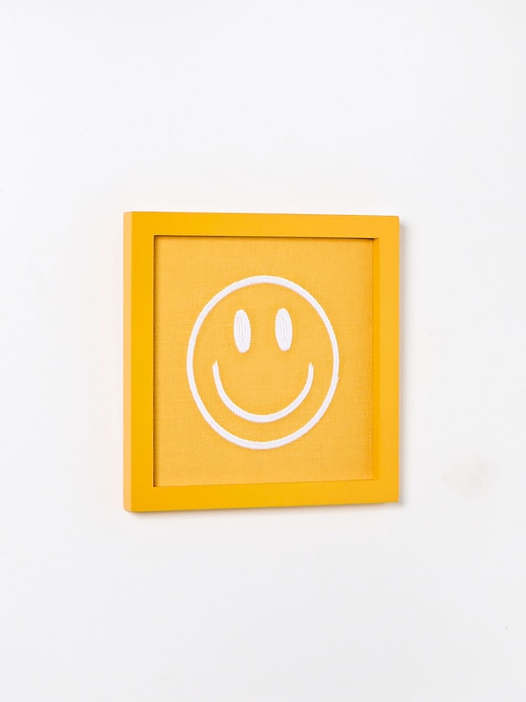 Oliver Bonas Yellow Embroidered Happy Face Framed Wall Art - Image 1 of 5