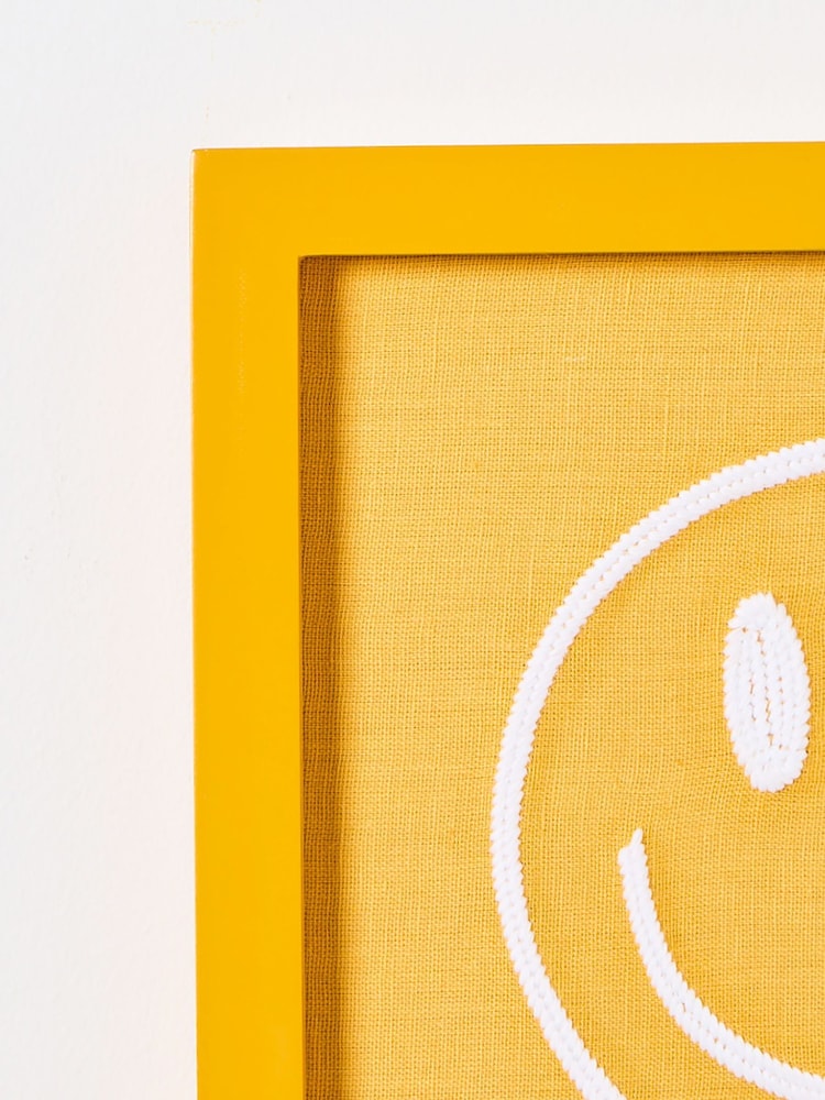 Oliver Bonas Yellow Embroidered Happy Face Framed Wall Art - Image 2 of 5