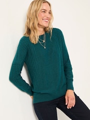 FatFace Delphine Dark Teal Blue Fine Gauge V Neck Jumper - Image 1 of 5