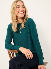 FatFace Delphine Dark Teal Blue Fine Gauge V Neck Jumper - Image 3 of 5
