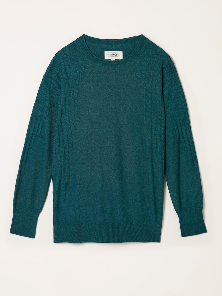 FatFace Delphine Dark Teal Blue Fine Gauge V Neck Jumper - Image 5 of 5