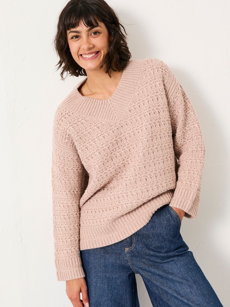 FatFace Stella Natural V Neck Knitted Jumper - Image 1 of 6