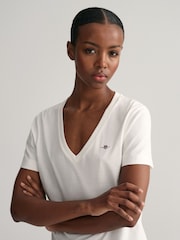 GANT White V Neck Shield T-Shirt - Image 3 of 9