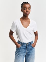 GANT White V Neck Shield T-Shirt - Image 5 of 9