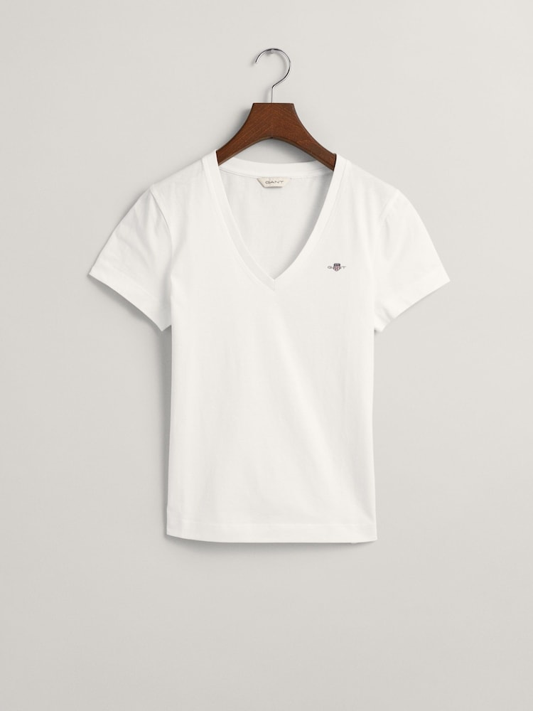 GANT White V Neck Shield T-Shirt - Image 9 of 9
