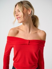 ONLY Red Long Sleeve Off Shoulder Bow Top - Image 1 of 3